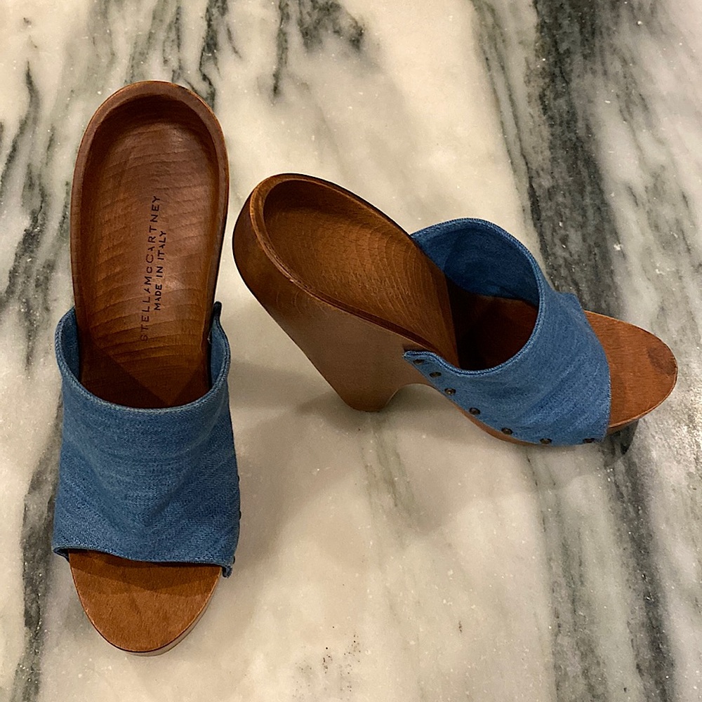 Stella McCartney Blue Denim Wooden Mule Clogs